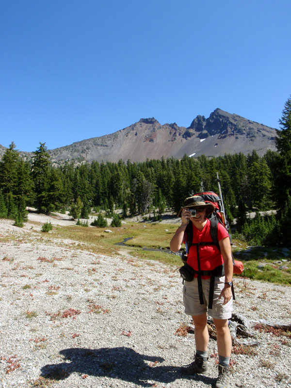 Sue beneath Broken Top along the Broken Top spring creek