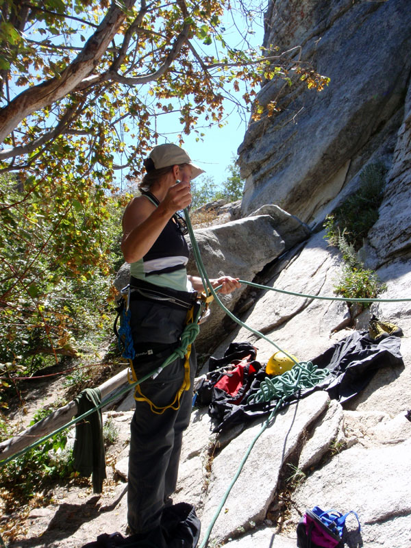 Sue belays Doug on Rain Dance 5.7***; two pitches; Flaming Rock