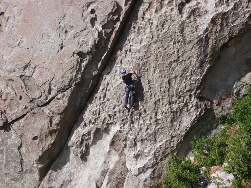 Deb leads Poking Holes in the Firmament (5.6**; Castle West Buttress)