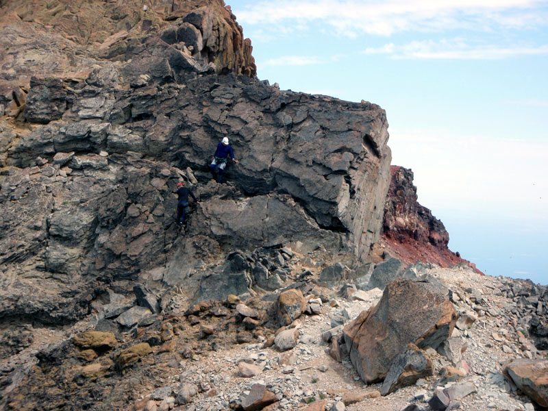 Mike and Mark descend the summit block