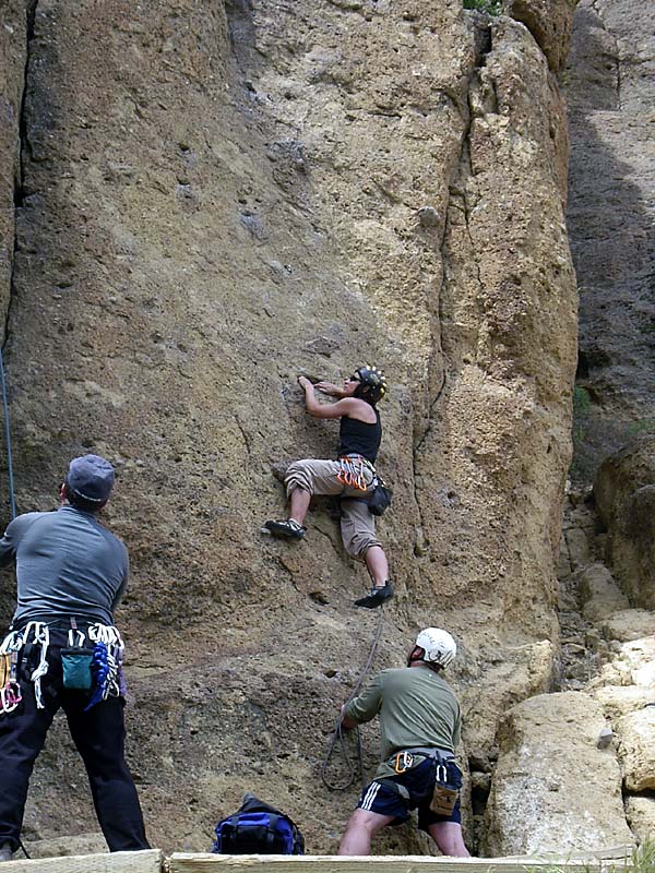 Juli leads Lichen It, Denis belaying while Larry belays someone on Easy Reader