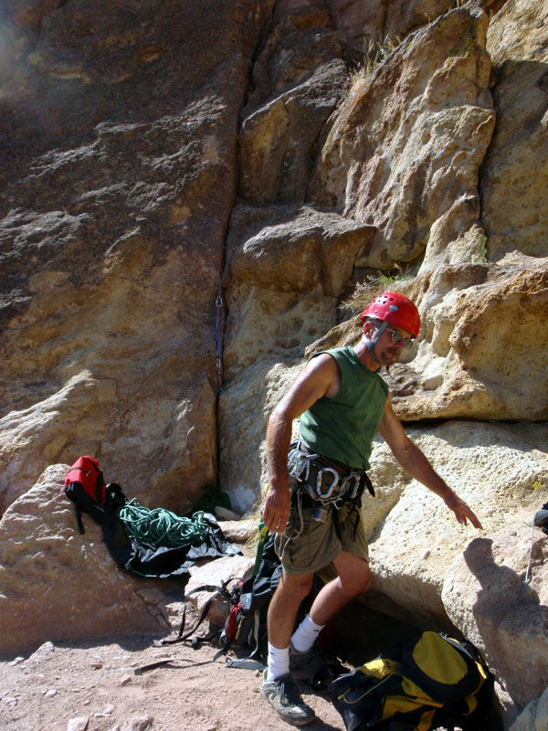 Doug, ready to belay me on first pitch of Super Slab (5.6****, Red Wall)