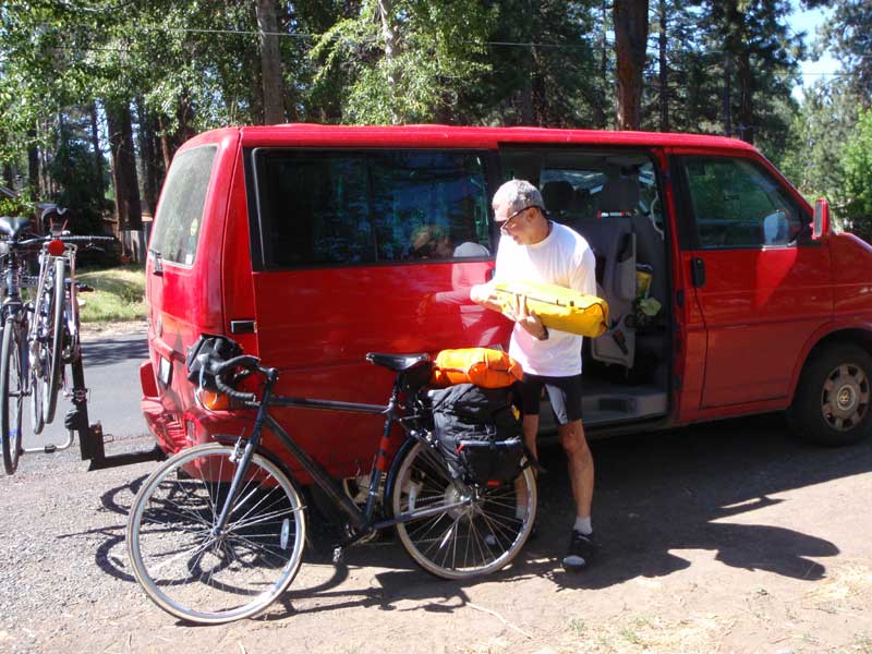 John loads up his bike in Sisters