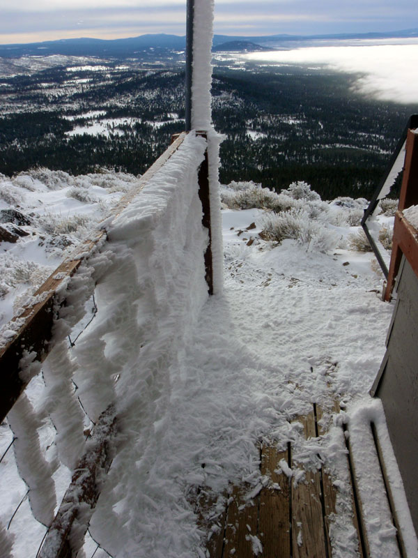 Rime ice on the railing