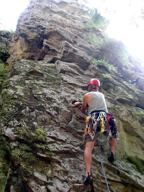 Lots of cars at the gate, so we decided to head up the Inca Rock Trail instead of the usual Touchstone Trail. Doug on Chutes and Ladders of Karma (***5.8)