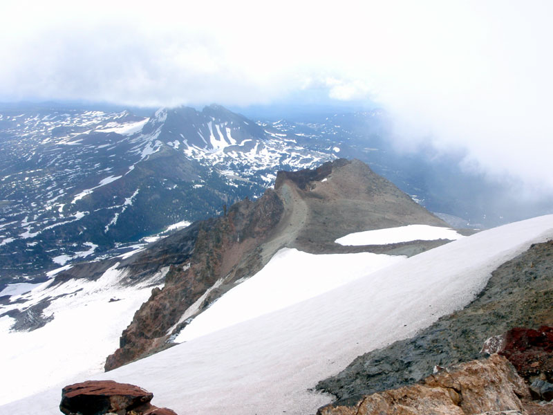 Little bit of a view to the east: Old Crater, Prouty Glacier, upper Green Lake, Broken Top