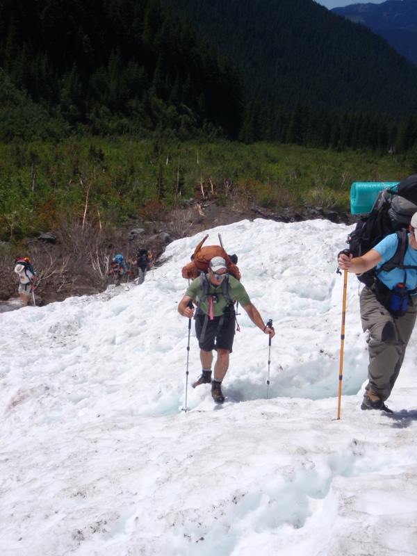 Hiking up snow-filled Milk Creek